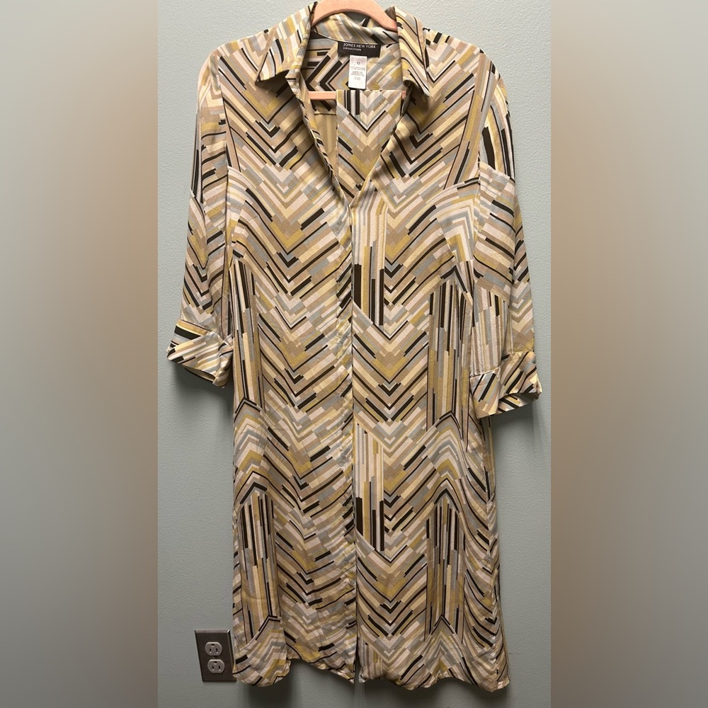Jones New York Silk Midi Length Chevron Striped 3/4 Sleeve Dress - Size 12